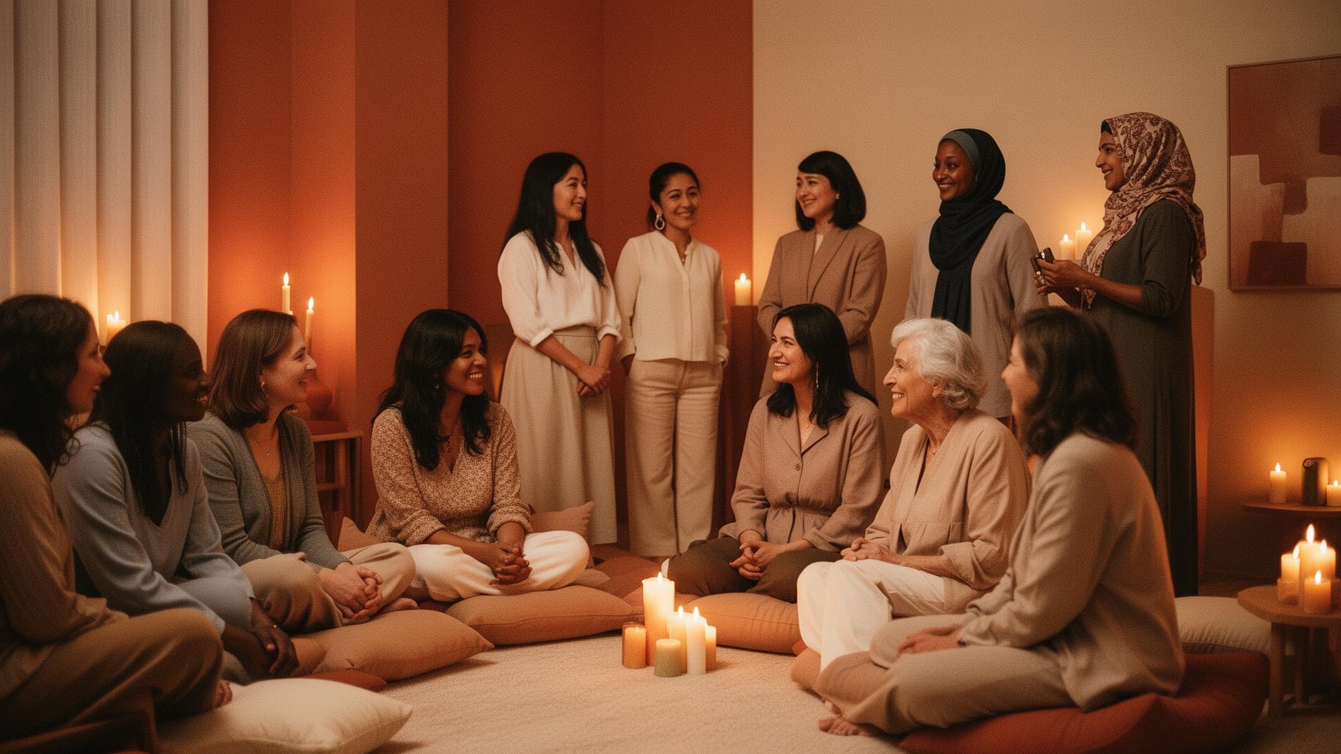 Women gathered together in soft, candlelit warmth